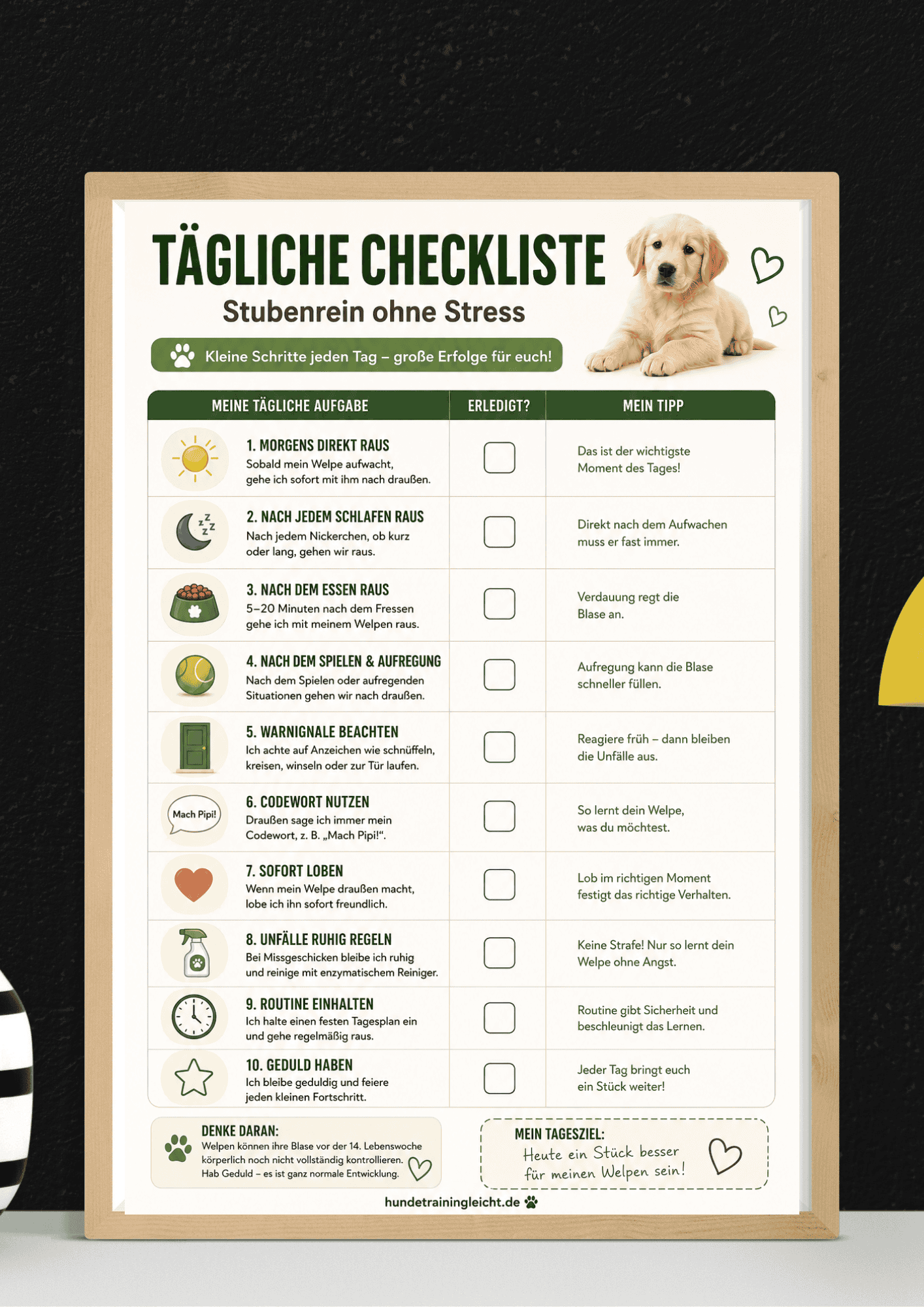 Tägliche Checkliste Welpe stubenrein