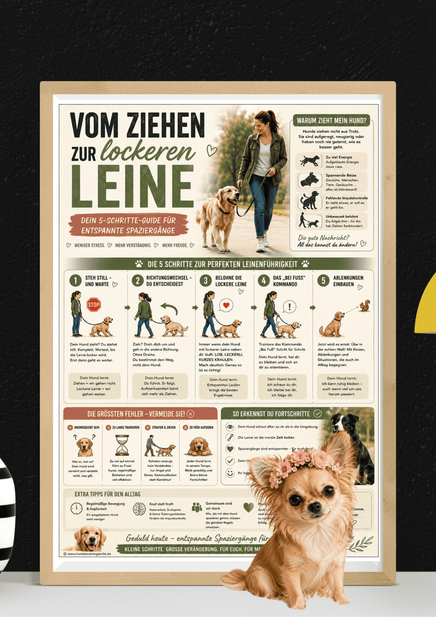 Leinenführigkeit trainieren Infografik – vom Ziehen zur lockeren Leine