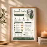 Guide to healthy snacks for senior dogs, featuring ingredients, tips, and benefits, displayed in a framed poster.