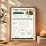 A framed pain diary for senior dogs, featuring tracking sections for daily observations and care instructions.