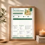 A framed chart titled "Spaziergänge für meinen Seniorhund" outlines walking schedules and care tips for senior dogs.