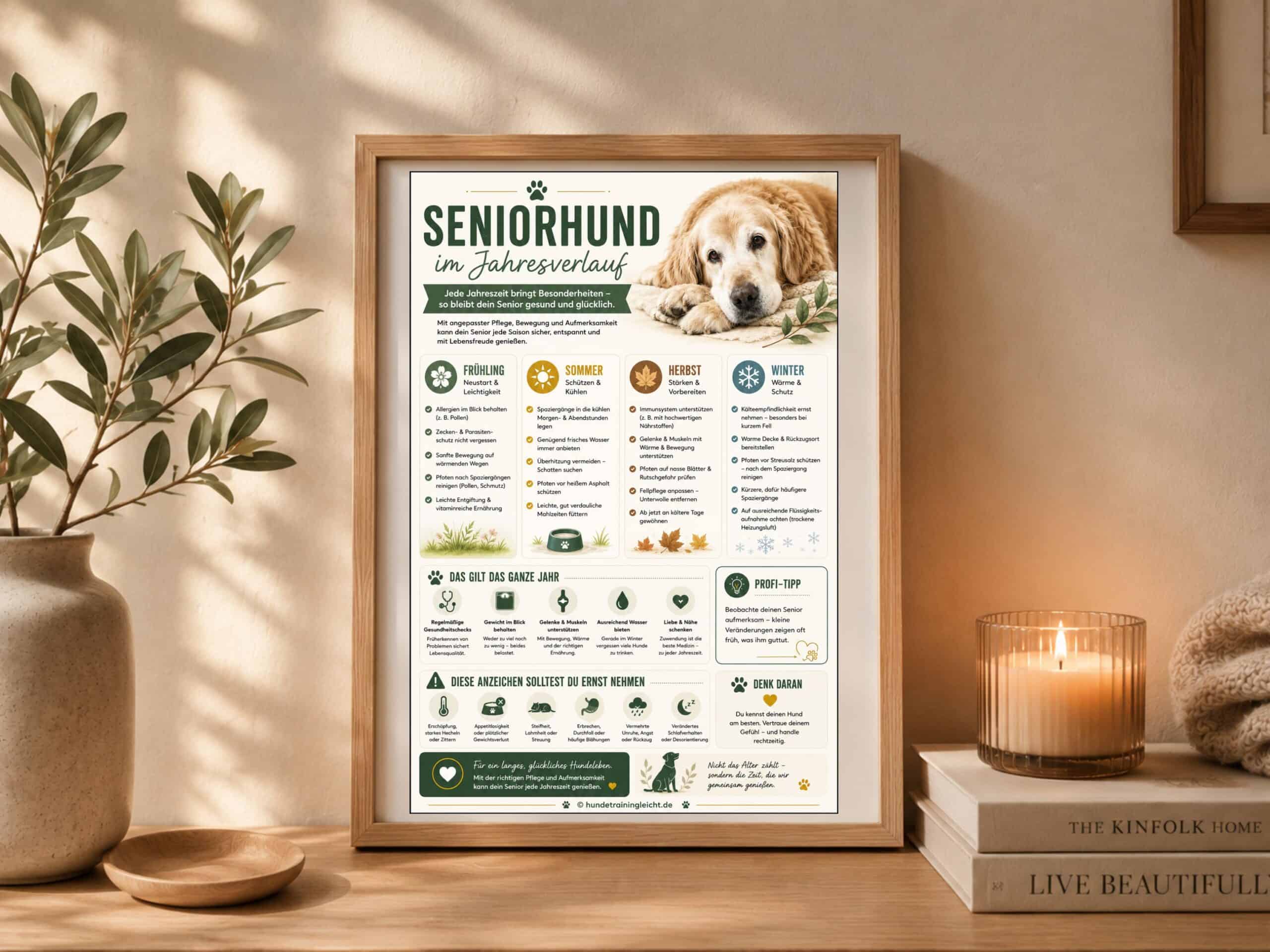 Senior-Hund im Jahresverlauf - Frühling, Sommer, Herbst, Winter