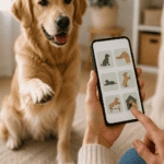 Golden Retriever gibt Pfötchen, während sein Halter eine Hundetraining-App mit Übungsauswahl auf dem Smartphone bedient