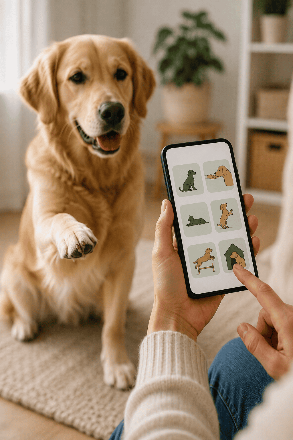 Golden Retriever gibt Pfötchen, während sein Halter eine Hundetraining-App mit Übungsauswahl auf dem Smartphone bedient
