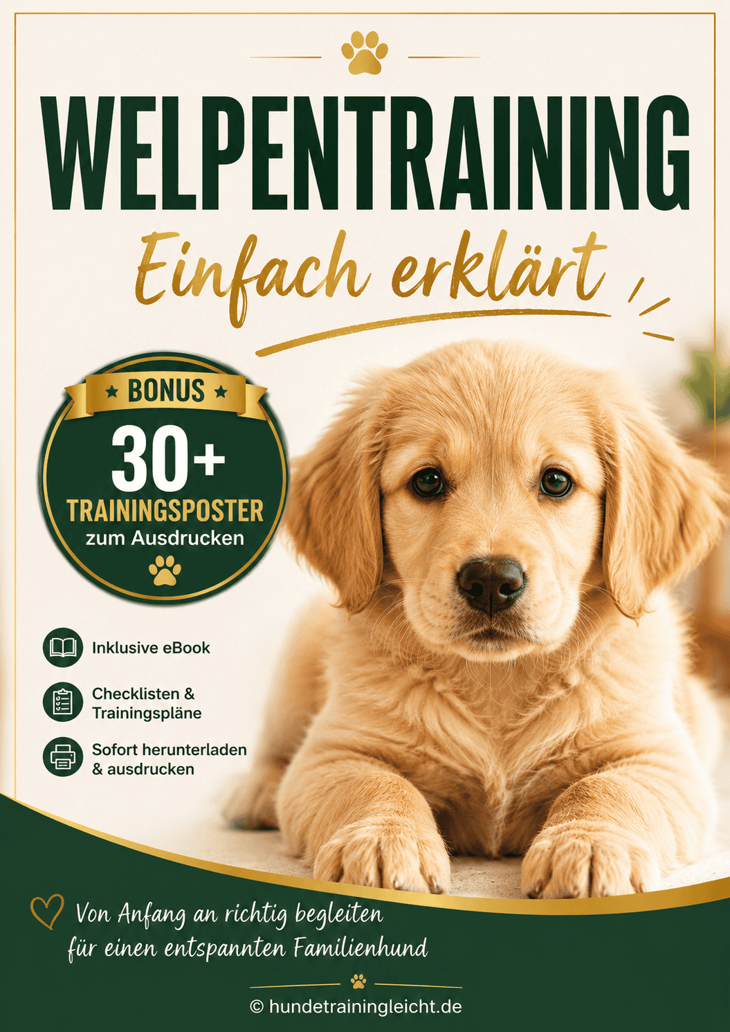 Welpentraining Einfach erklärt – Cover mit Bonus 30+ Trainingsposter